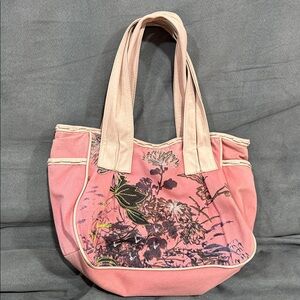 Vintage Anthropologie Elegant Floral Pink Canvas/Leather Tote Bag